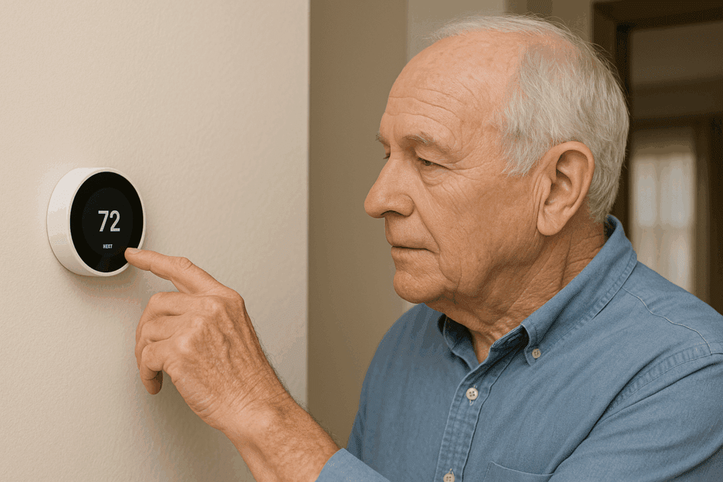elderly man programing a google nest
