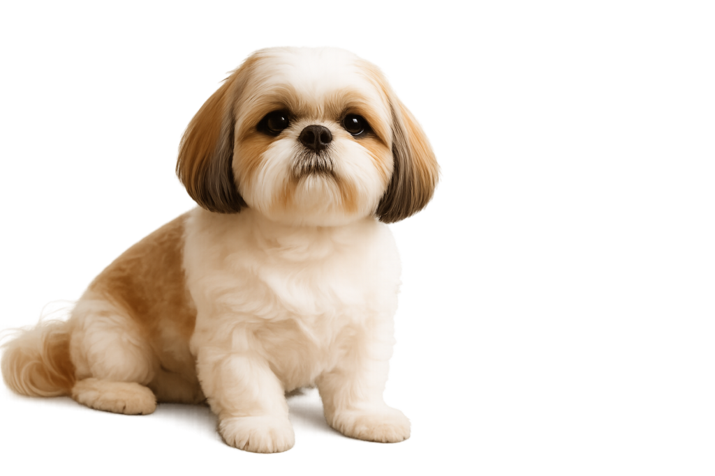 A small, fluffy Shih Tzu dog with cream and brown fur sits on a white background, looking directly at the camera—one of the best dog breeds for empty nesters seeking loyal companionship.