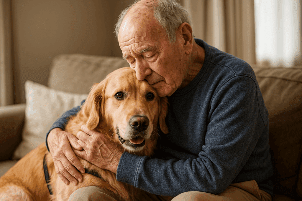 An elderly man sits on a couch, gently hugging and resting his face against a golden retriever, showcasing emotional support dog benefits. Both appear calm and content in a warmly lit, cozy living room.