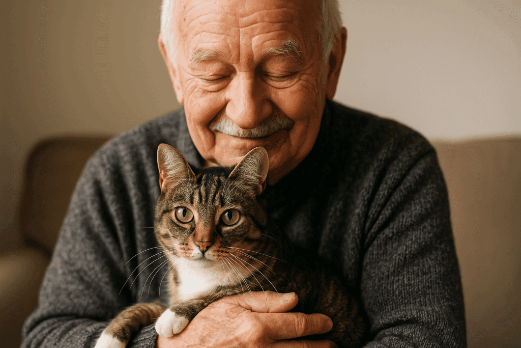 man hugging cat.