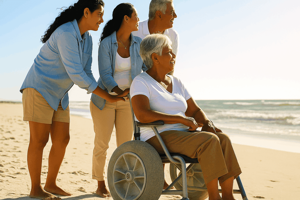 family at the beach with beache wheelchair