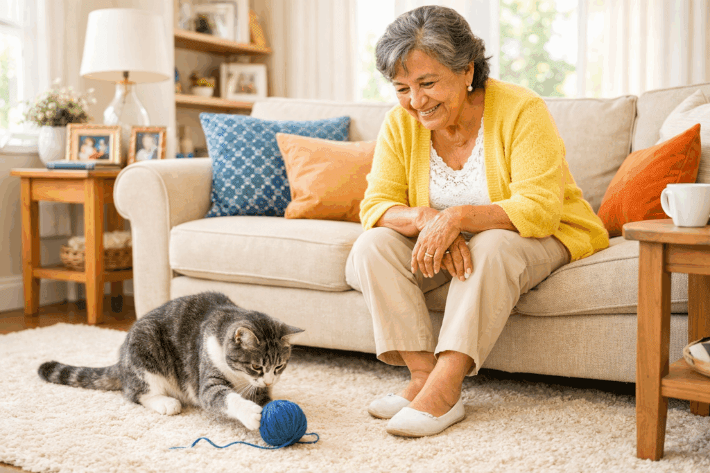 An older woman in a yellow cardigan smiles while sitting on a sofa, watching a gray and white cat play with a ball of blue yarn on a rug in a cozy living room.