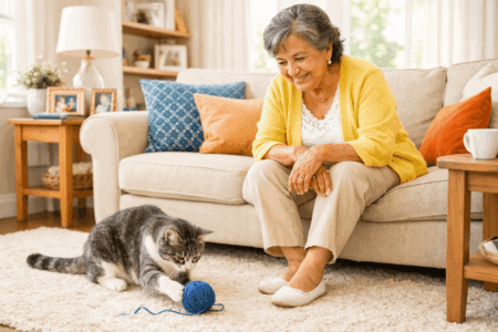An older woman in a yellow cardigan smiles while sitting on a sofa, watching a gray and white cat play with a ball of blue yarn on a rug in a cozy living room.