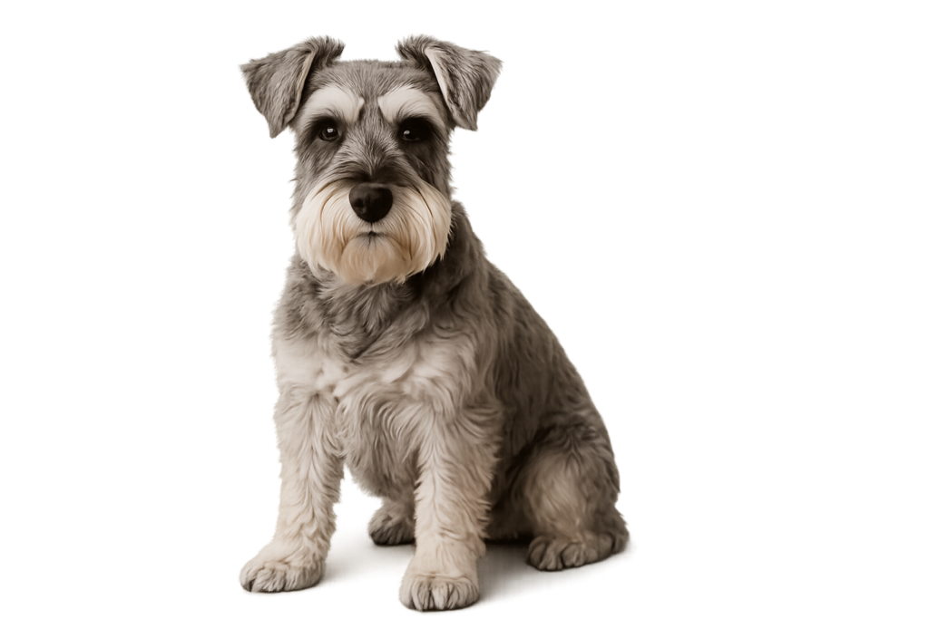 A small, gray and white schnauzer dog with a bushy beard and eyebrows sits on a plain white background, looking directly at the camera—one of the best dog breeds for empty nesters.