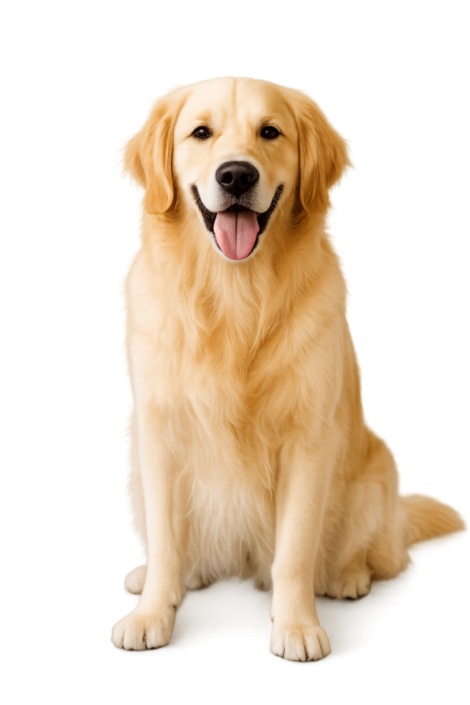 A happy golden retriever, one of the best dog breeds for empty nesters, sits facing the camera with its mouth open and tongue out, showing a friendly expression. The background is plain white.