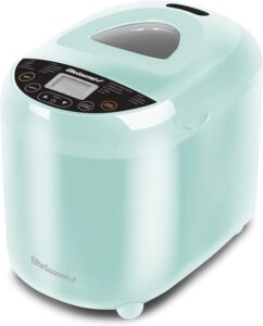 A light blue Elite Gourmet bread maker with a digital control panel and a window on the lid, viewed at an angle.