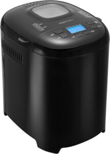 A modern black bread maker with a digital display, several buttons, and a viewing window on the lid, shown on a white background.