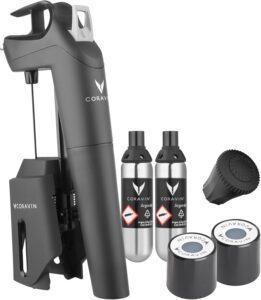 A Coravin wine preservation system with two argon gas capsules, a screw cap, and two stoppers—essential wine tools for wine lovers—displayed on a white background.