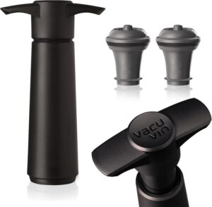 A black wine vacuum pump with two gray rubber stoppers is shown above—an essential wine tool for wine lovers—with a close-up view of the pump’s top displaying the Vacu Vin brand name.