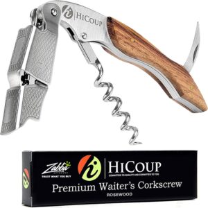 A HiCoup Premium Waiter’s Corkscrew, a must-have among wine tools for wine lovers, features a stainless steel and rosewood handle. Shown above its branded box, this versatile tool includes a bottle opener, foil cutter, and spiral corkscrew.