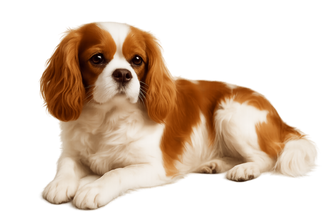 A Cavalier King Charles Spaniel with long, wavy, brown and white fur is lying down on a white background, looking slightly to the left with a calm expression—one of the best dog breeds for empty nesters seeking gentle companionship.
