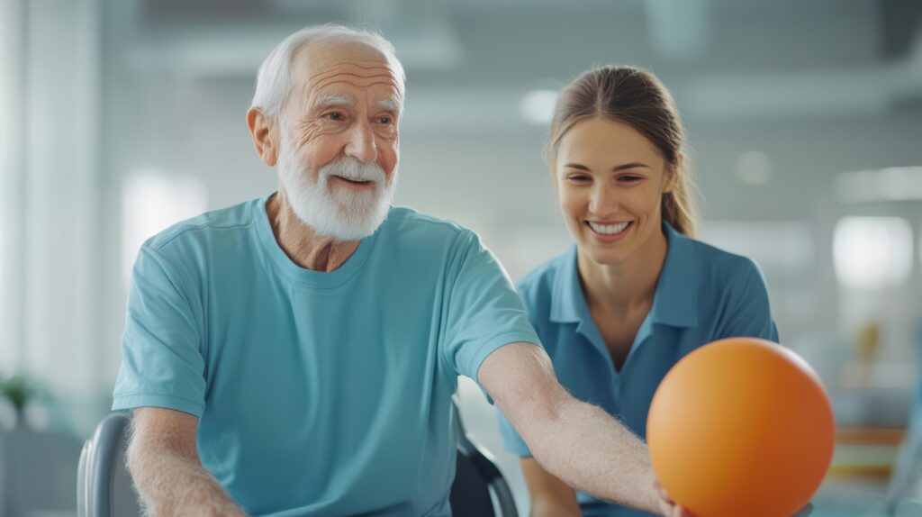 An elderly man smiles while sitting in a wheelchair, reaching for an orange ball, with a young woman beside him, both wearing blue shirts, in a bright, indoor setting.