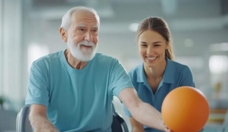An elderly man smiles while sitting in a wheelchair, reaching for an orange ball, with a young woman beside him, both wearing blue shirts, in a bright, indoor setting.
