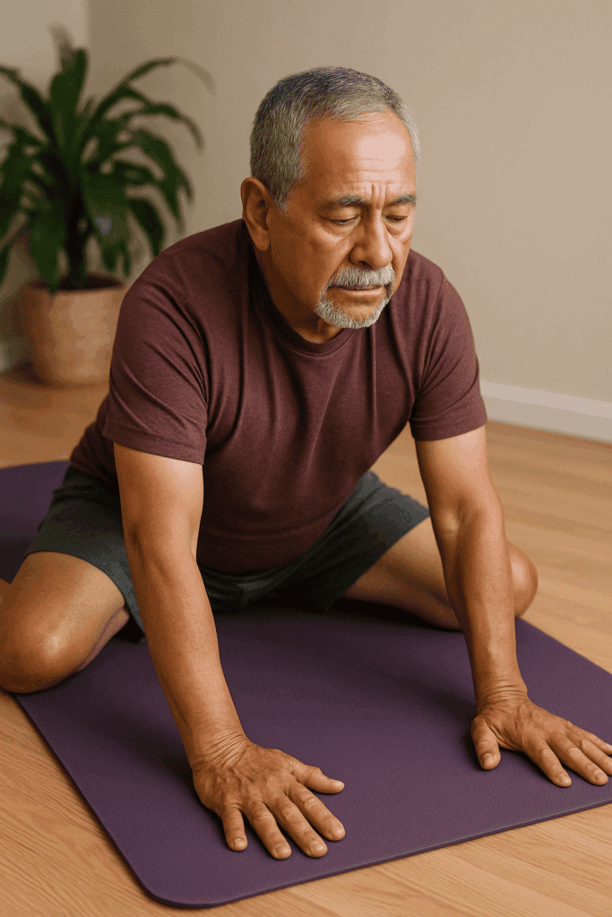 Senior man doing back pain stretch