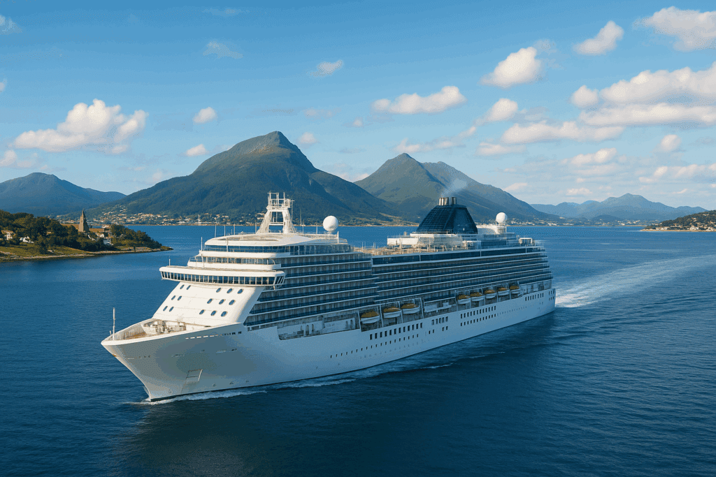 A large white cruise ship sails through calm blue water, surrounded by green mountains under a partly cloudy sky. The scene is bright and serene, ideal for a Northern Europe cruise for seniors seeking a scenic voyage.