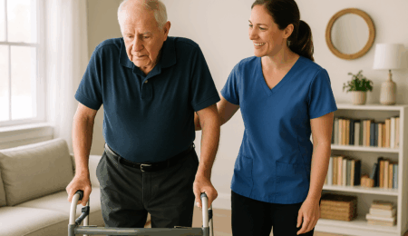 An elderly man recovering from a stroke uses a walker as a smiling caregiver in blue scrubs assists him inside a bright living room with a sofa, bookshelves, and a window in the background.