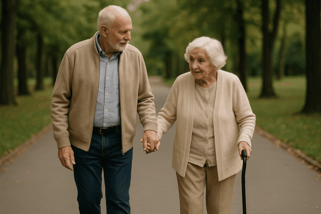 husband helping wife walk