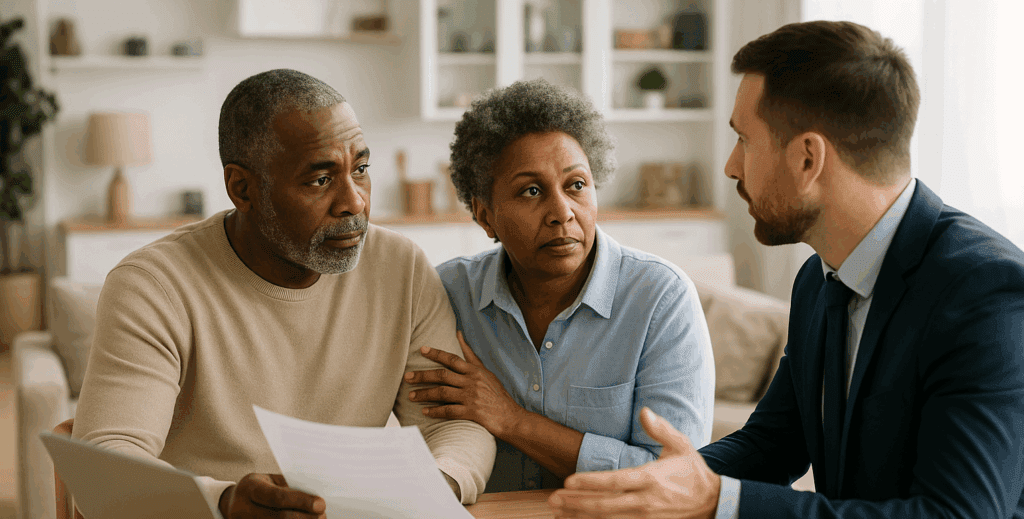elderly couple doing estate planning with company rep