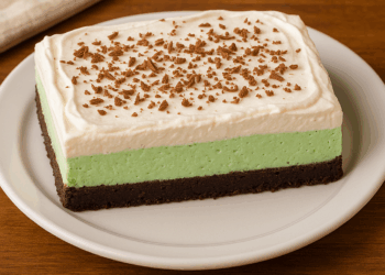 A square slice of Crème de Mint Torte with a chocolate cookie crust, thick green mint layer, and fluffy white topping, garnished with chocolate shavings, sits on a white plate on a wooden table.