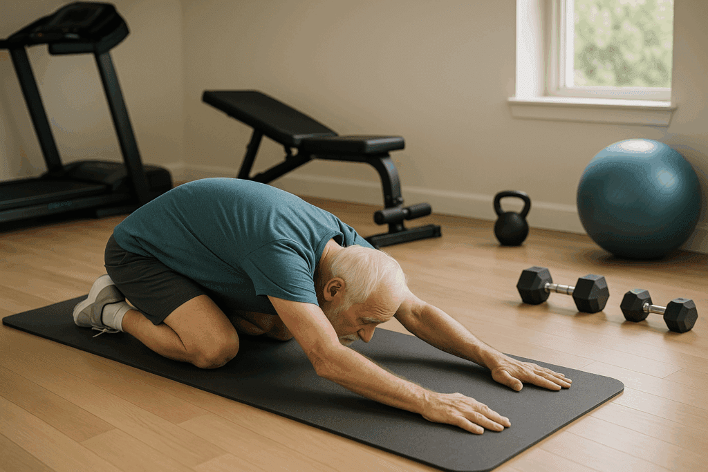 Senior man doing childs pose