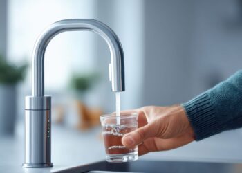 A person holds a glass under a modern kitchen faucet, filling it with water. The scene is bright, with a blurred background, and the person is wearing a dark, long-sleeved sweater.