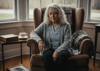 An older woman with gray hair sits alone in an armchair, looking sad. Nearby are a box of tissues and a framed photo, hinting at recent changes—an image reflecting the need for divorce support for women over 50.