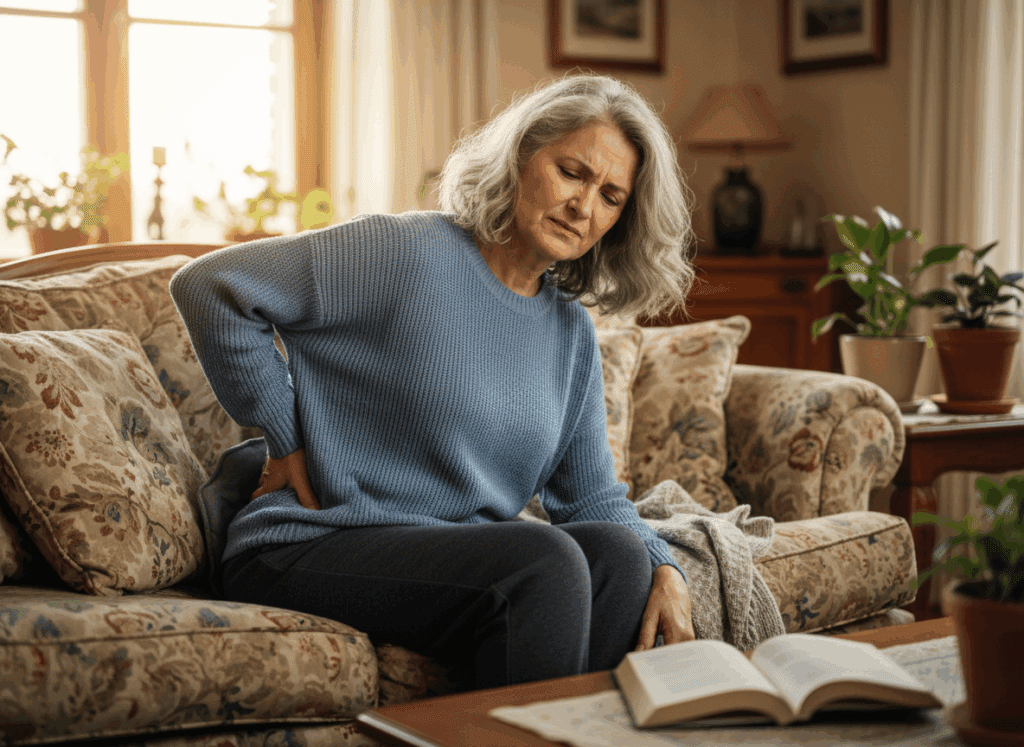 An older woman with gray hair sits on a floral sofa, holding her lower back in pain. She wears a blue sweater and dark pants. The warmly lit room, filled with plants and books, reflects her search for changing chronic pain relief in a cozy home setting.