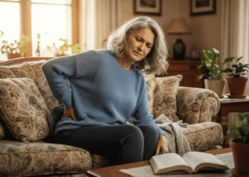 An older woman with gray hair sits on a floral sofa, holding her lower back in pain. She wears a blue sweater and dark pants. The warmly lit room, filled with plants and books, reflects her search for changing chronic pain relief in a cozy home setting.