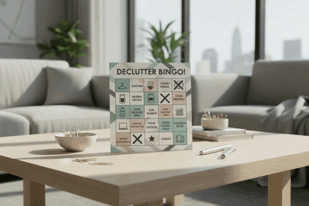 A “Declutter Bingo!” board sits on a light wooden coffee table with pencils, notebooks, and a bowl—showcasing one of many fun ways to declutter your home. Large windows reveal a bright cityscape and two sofas with cushions in the background.