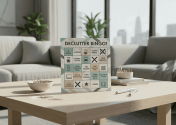 A “Declutter Bingo!” board sits on a light wooden coffee table with pencils, notebooks, and a bowl—showcasing one of many fun ways to declutter your home. Large windows reveal a bright cityscape and two sofas with cushions in the background.