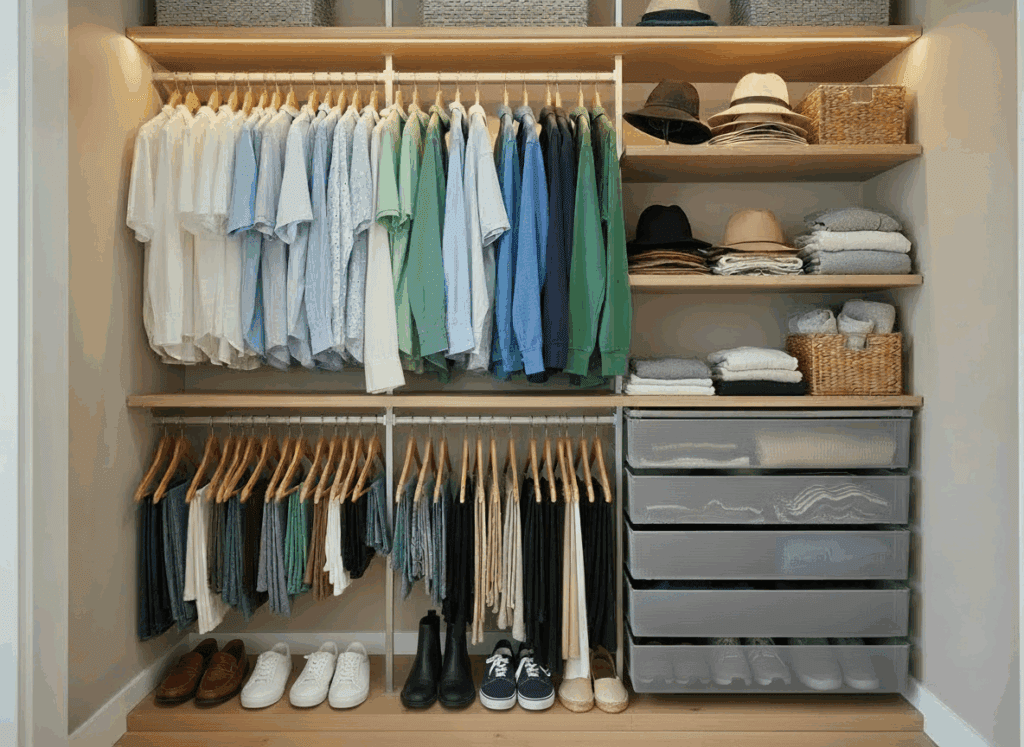 A neatly organized closet with shirts, jackets, and pants hanging on wooden hangers, shelves with folded clothes and hats, baskets, clear drawers, and shoes arranged at the bottom.
