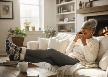 A woman sits comfortably on a couch in a cozy living room, wearing a sweater and patterned socks, smiling as she talks on the phone. Sunlight streams through the window, and a fireplace glows in the background.