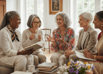 A group of women sitting around a table enjoying the book club benefits of lively discussion and connection.