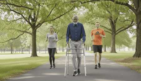 Three people exercise outdoors on a tree-lined path; an older man in adaptive clothing and footwear uses a walker in front, while a young woman and young man jog behind him. The bright, green scene suggests a pleasant day in the park.