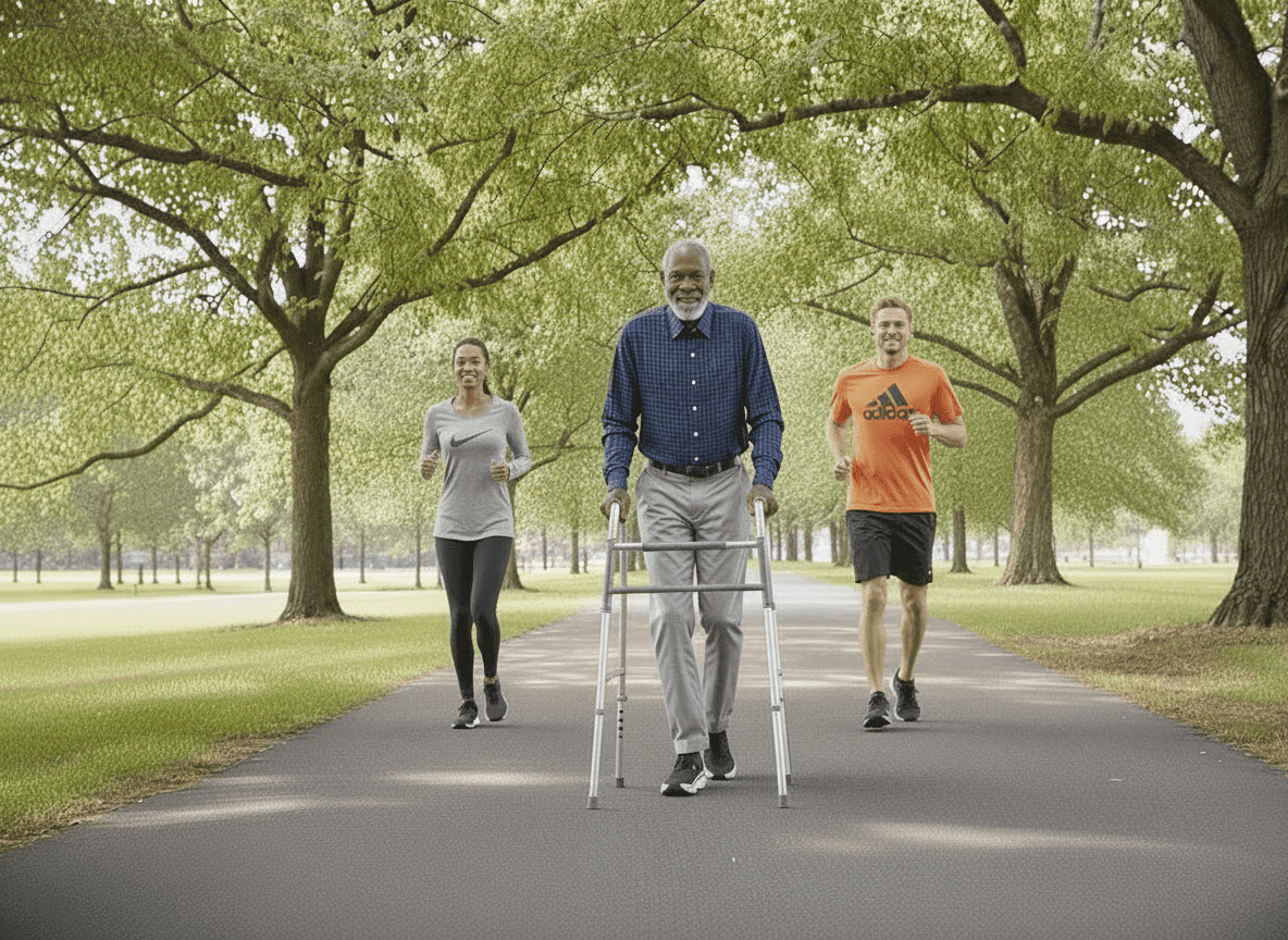 Three people exercise outdoors on a tree-lined path; an older man in adaptive clothing and footwear uses a walker in front, while a young woman and young man jog behind him. The bright, green scene suggests a pleasant day in the park.