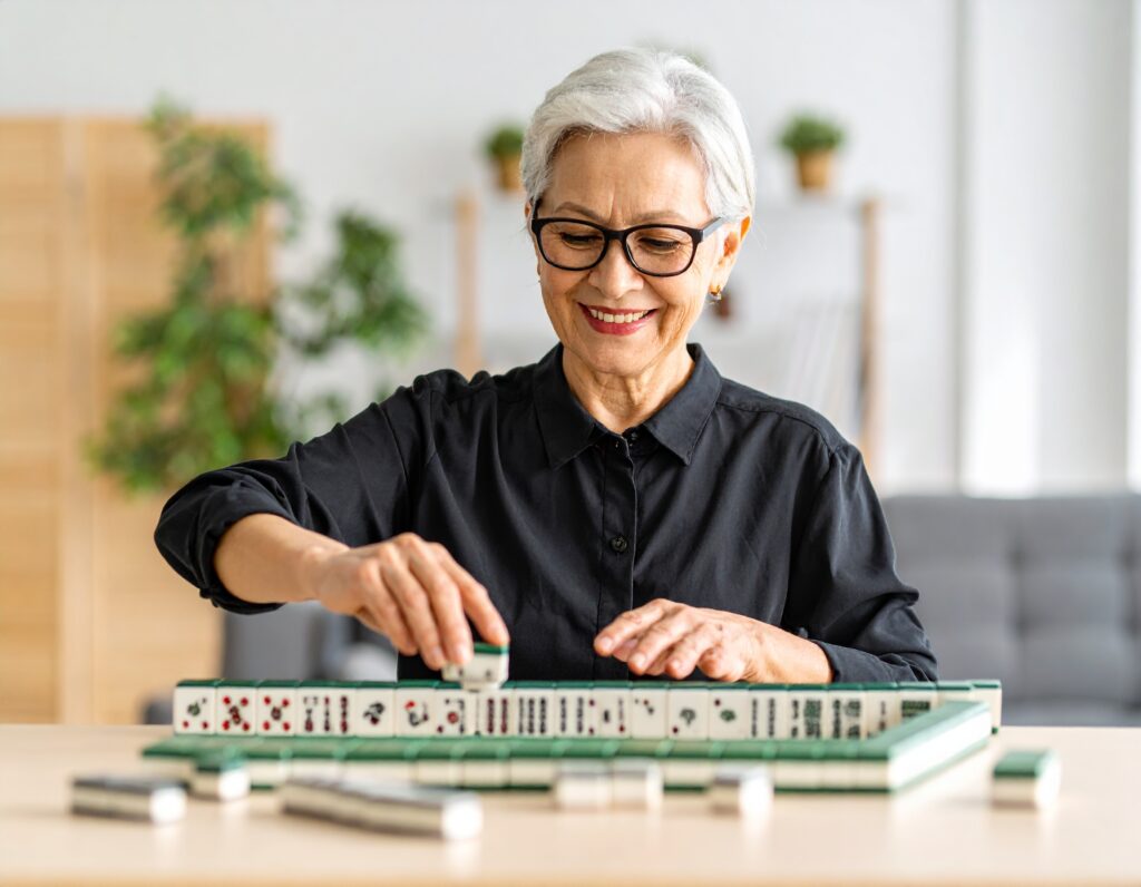 An older woman with short gray hair and glasses, wearing a black shirt, smiles while playing mahjong at a table in a bright, modern living room.