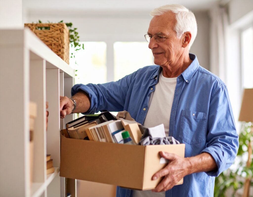 A senior man decluttering his home and putting things into a box
