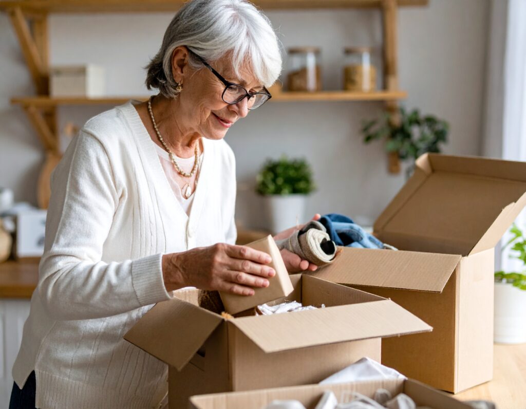 Woman putting household items into a box