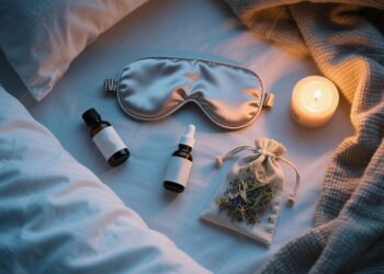 A silk sleep mask, essential oil bottles, dropper, dried herbs in a pouch, and a lit candle are arranged on a bed with white sheets and a cozy beige blanket, alongside mushrooms for brain health, creating a relaxing nighttime scene.