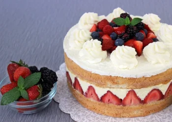 A layered vanilla cake filled with cream and sliced strawberries, topped with whipped cream swirls and assorted fresh berries, evokes the flavors of a No-Bake Berry Trifle. A small bowl of mixed berries with mint leaves sits beside the cake on a gray surface.