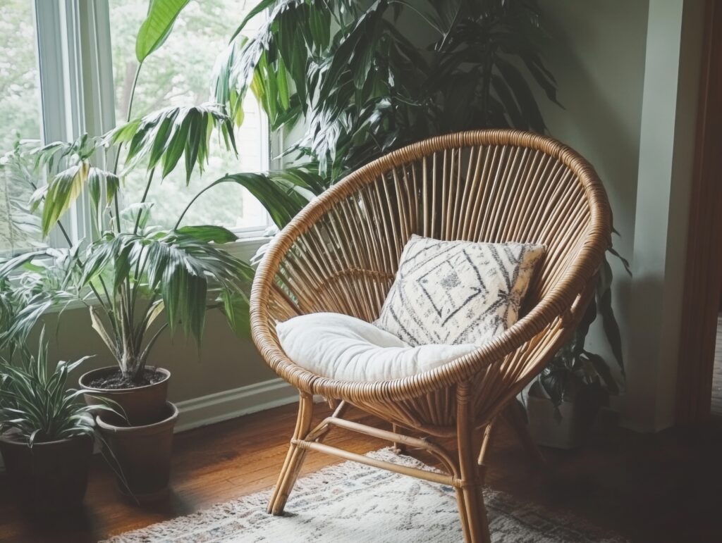 A cozy rattan chair with a patterned cushion sits by a large window, surrounded by lush green potted plants on a wooden floor, creating a peaceful indoor nook.