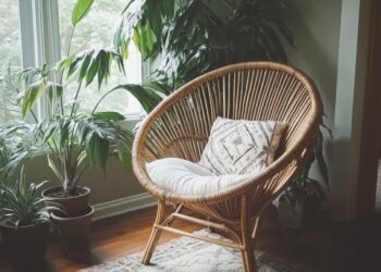 A cozy rattan chair with a patterned cushion sits by a large window, surrounded by lush green potted plants on a wooden floor, creating a peaceful indoor nook.