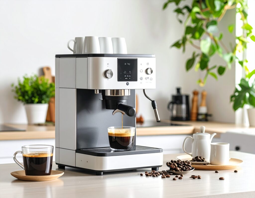 A modern espresso machine—one of the best coffee makers—brews coffee on a kitchen counter. Two glass cups, a milk jug, sugar bowl, spoon, scattered coffee beans, and plants complete the inviting scene.