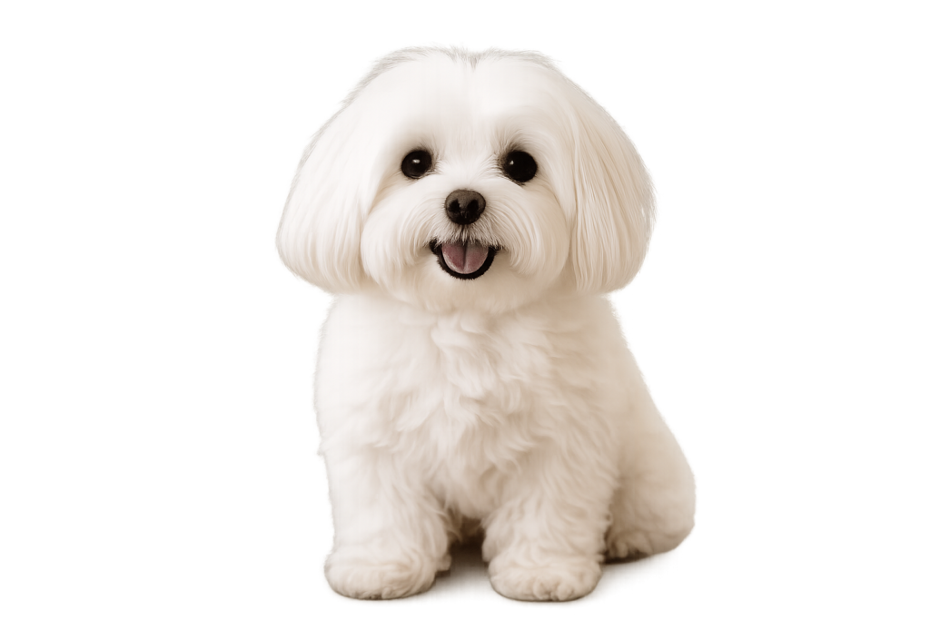 A small, fluffy white dog with long fur sits facing the camera on a plain white background, looking happy with its mouth open and tongue slightly out—one of the best dog breeds for empty nesters seeking a cheerful companion.