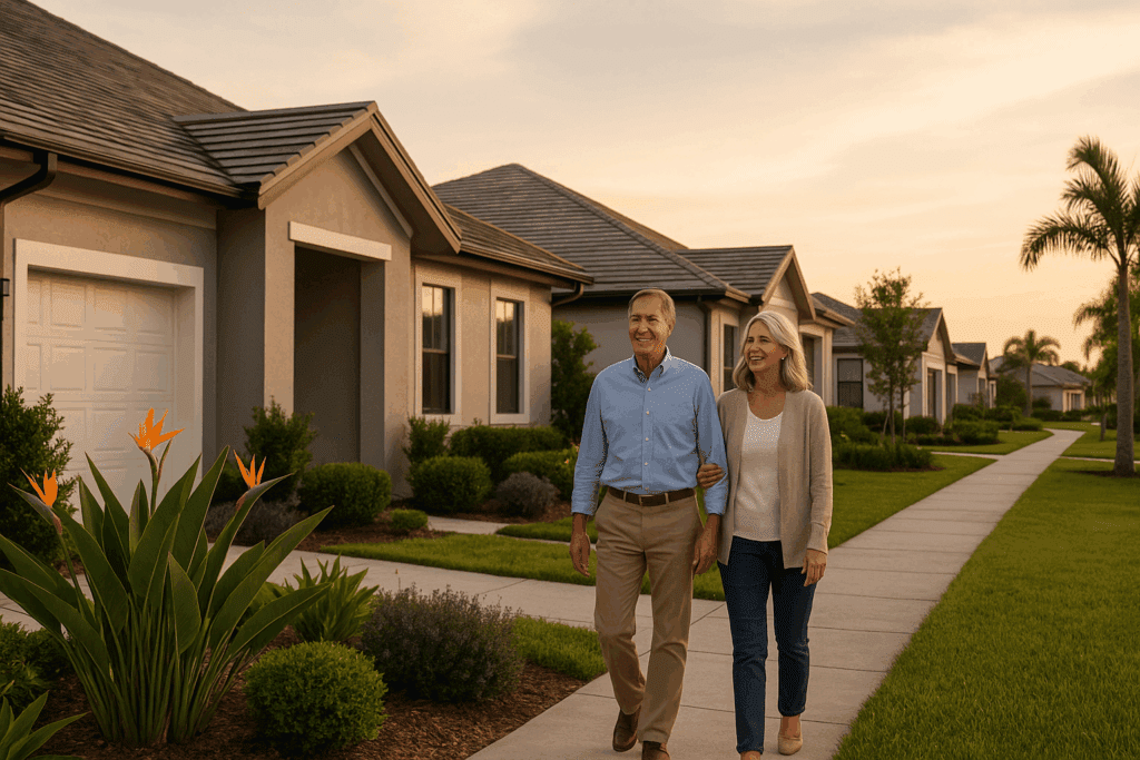 couple taking a stroll in a community.
