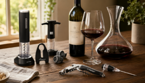 A bottle of red wine, glass of wine, wine decanter, corkscrew, electric wine opener, wine stoppers, and foil cutter—essential wine tools for wine lovers—are arranged on a wooden table with greenery and sunlight in the background.