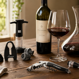 A bottle of red wine, glass of wine, wine decanter, corkscrew, electric wine opener, wine stoppers, and foil cutter—essential wine tools for wine lovers—are arranged on a wooden table with greenery and sunlight in the background.