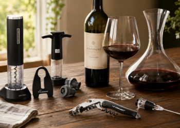 A bottle of red wine, glass of wine, wine decanter, corkscrew, electric wine opener, wine stoppers, and foil cutter—essential wine tools for wine lovers—are arranged on a wooden table with greenery and sunlight in the background.
