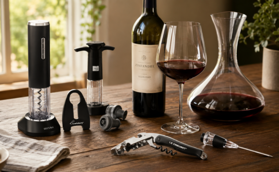 A bottle of red wine, glass of wine, wine decanter, corkscrew, electric wine opener, wine stoppers, and foil cutter—essential wine tools for wine lovers—are arranged on a wooden table with greenery and sunlight in the background.
