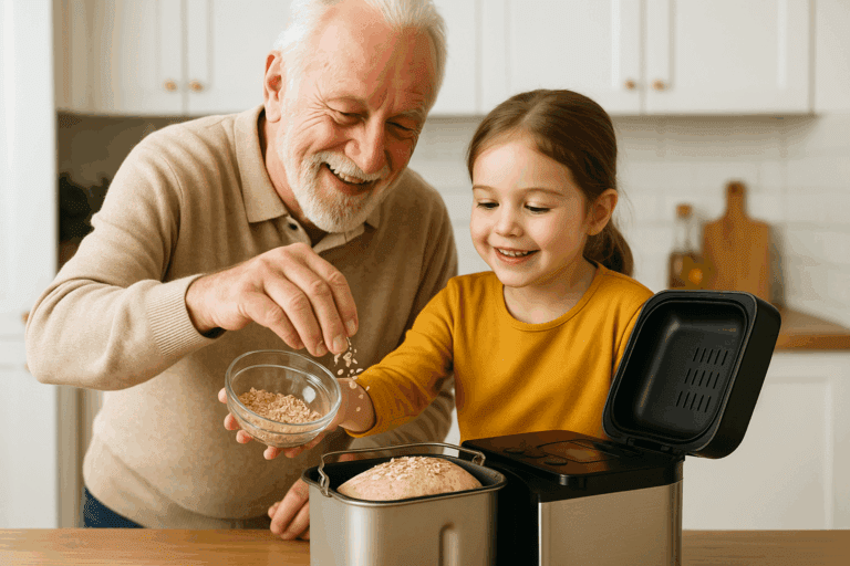 An elderly man and a young girl smile as they add oats to dough in a bread maker in a bright kitchen. While their bread bakes, they discuss the best coffee makers, enjoying quality time together over baking and conversation.